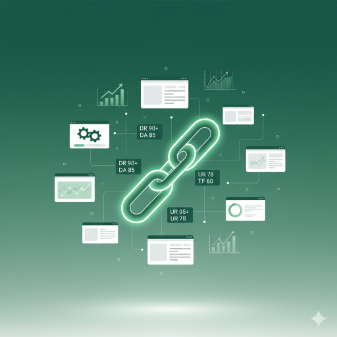 Backlinks illustration showing link building chains and SEO graphs