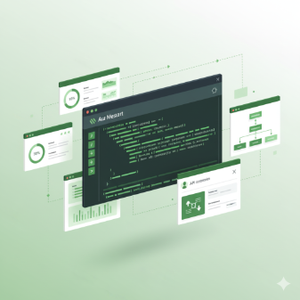 Software development dashboard and code illustration